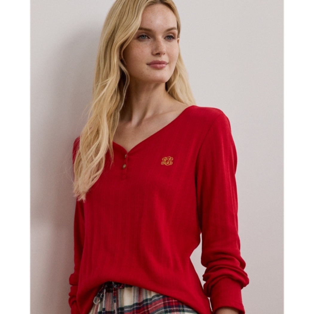 Lauren Ralph Lauren Red Henley Loungewear Top Women's Medium Preppy Casual